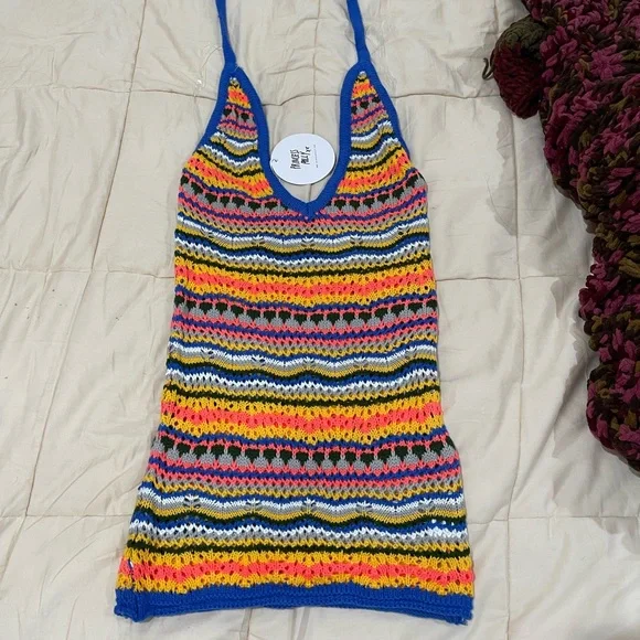 strapless open back dress Sofea Mid Rise Pant Blue Stripe